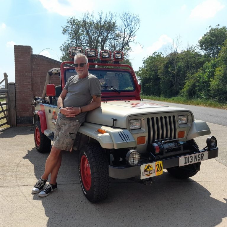 Jurassic Park Jeep 26 and its owner at the INGLEN Estate in Leicestershire, UK.